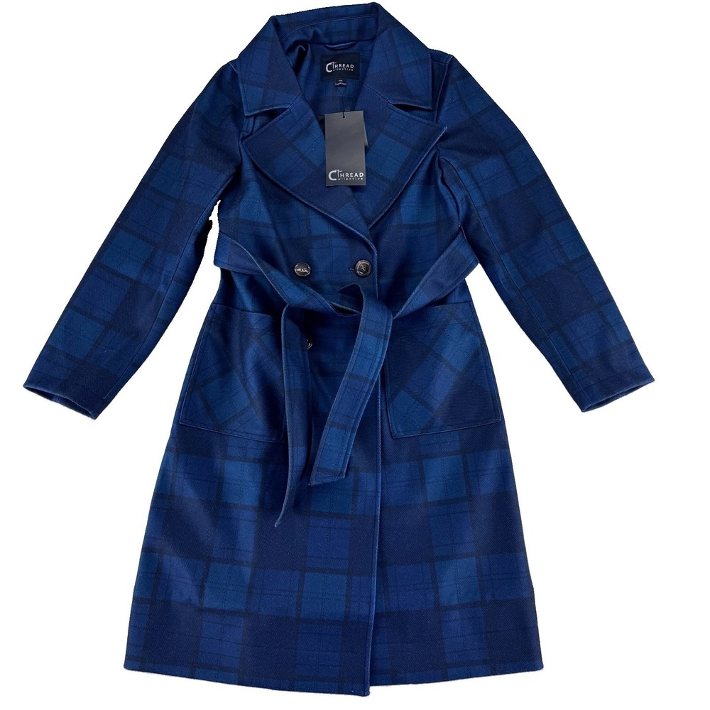 Thread Collective Plaid Trench Coat Womens XXS Blue Belted